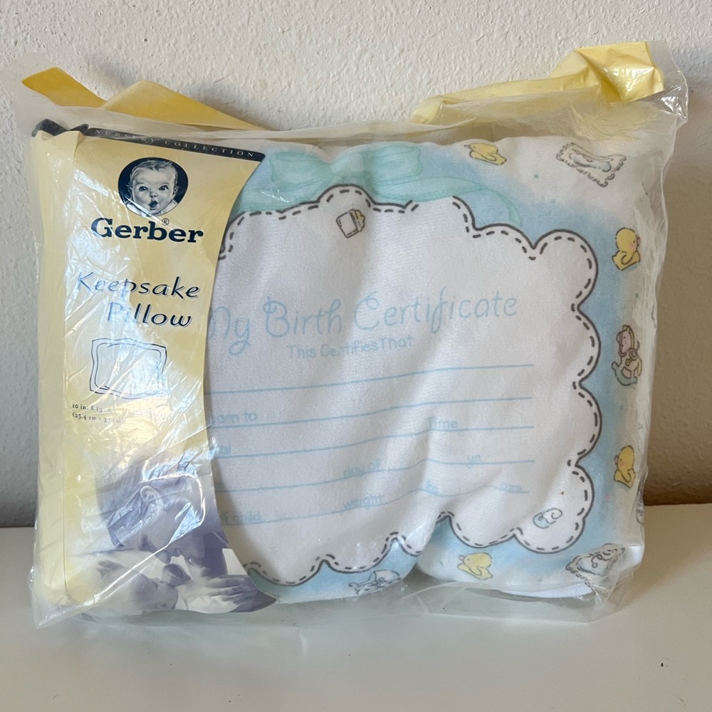 VTG NEW Gerber Birth Certificate Pillow 10”x13” White Blue Writing Baby Gift